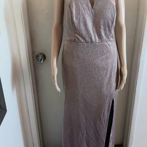 MORGAN &CO  BLUSH GLITTER  CUTOUT NECK  PADDED SIDE SLIT HI-LOW GOWN US SIZE 14